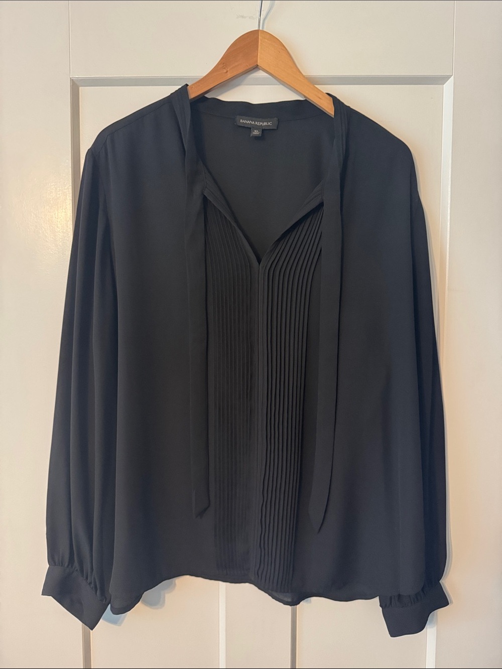 Banana Republic Black Pleated Tie-Neck Blouse